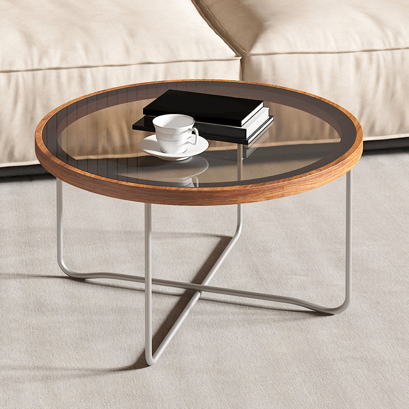 Round Glass Top Coffee Table Set Frame Cocktail Table with Wood Accent