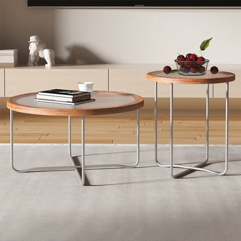 Round Glass Top Coffee Table Set Frame Cocktail Table with Wood Accent