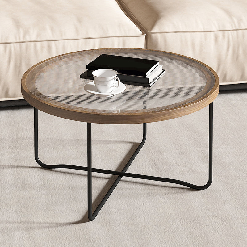 Round Glass Top Coffee Table Set Frame Cocktail Table with Wood Accent