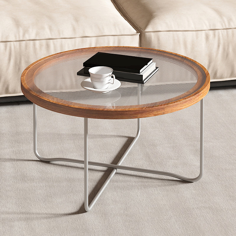 Round Glass Top Coffee Table Set Frame Cocktail Table with Wood Accent