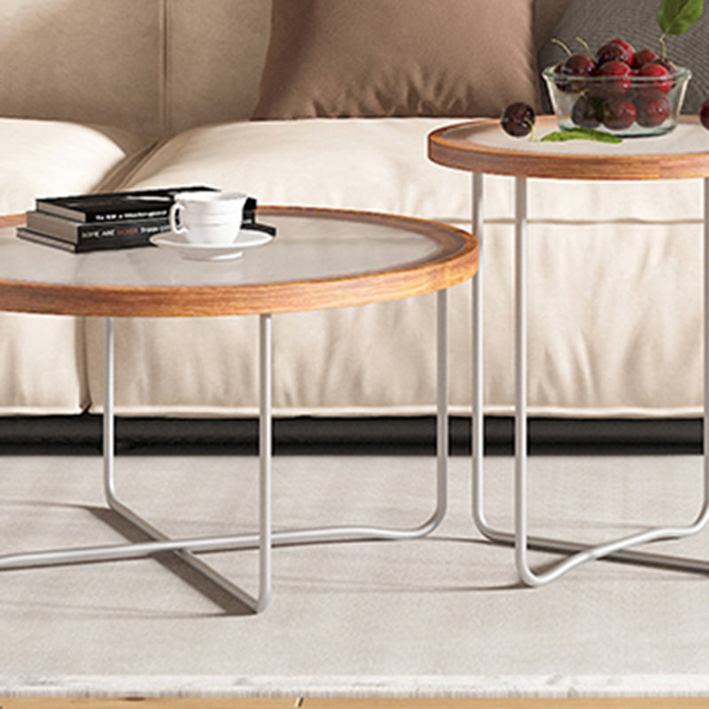 Round Glass Top Coffee Table Set Frame Cocktail Table with Wood Accent