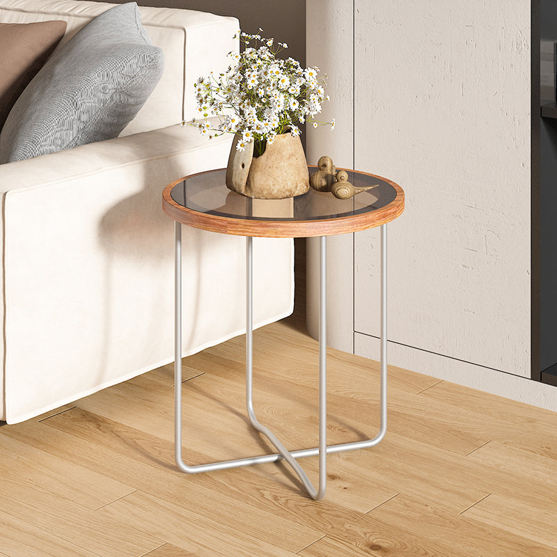 Round Glass Top Coffee Table Set Frame Cocktail Table with Wood Accent