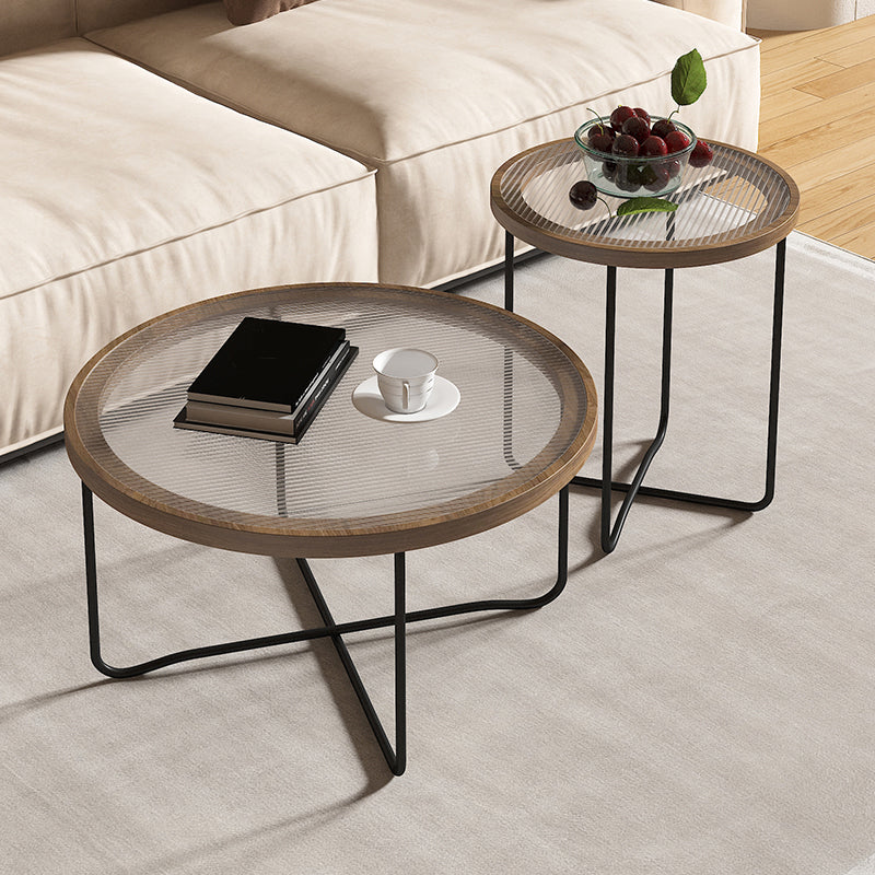 Round Glass Top Coffee Table Set Frame Cocktail Table with Wood Accent