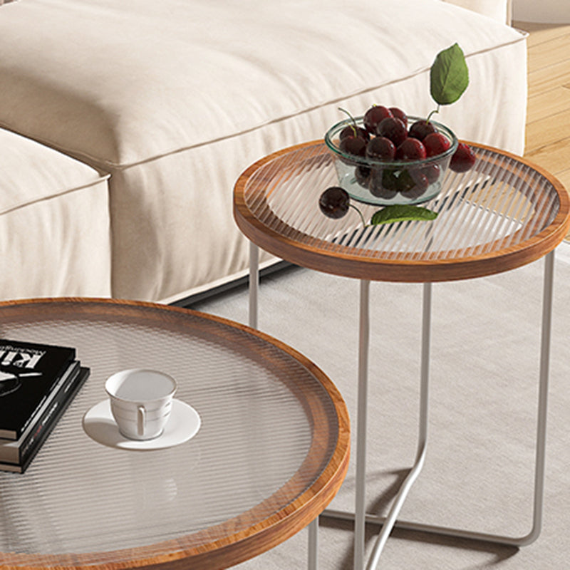 Round Glass Top Coffee Table Set Frame Cocktail Table with Wood Accent