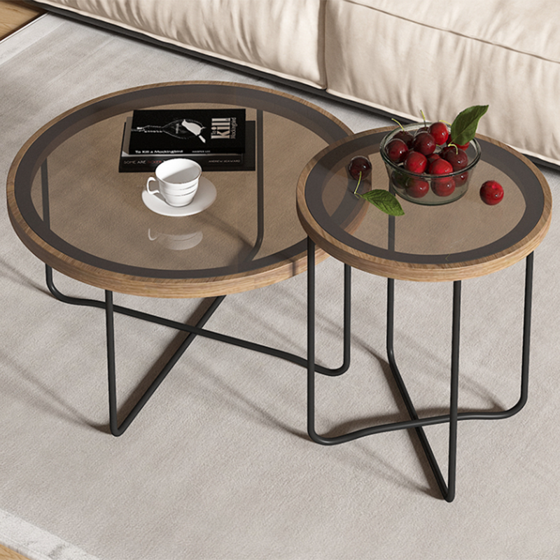 Round Glass Top Coffee Table Set Frame Cocktail Table with Wood Accent