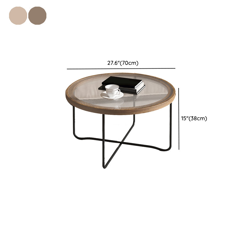 Round Glass Top Coffee Table Set Frame Cocktail Table with Wood Accent