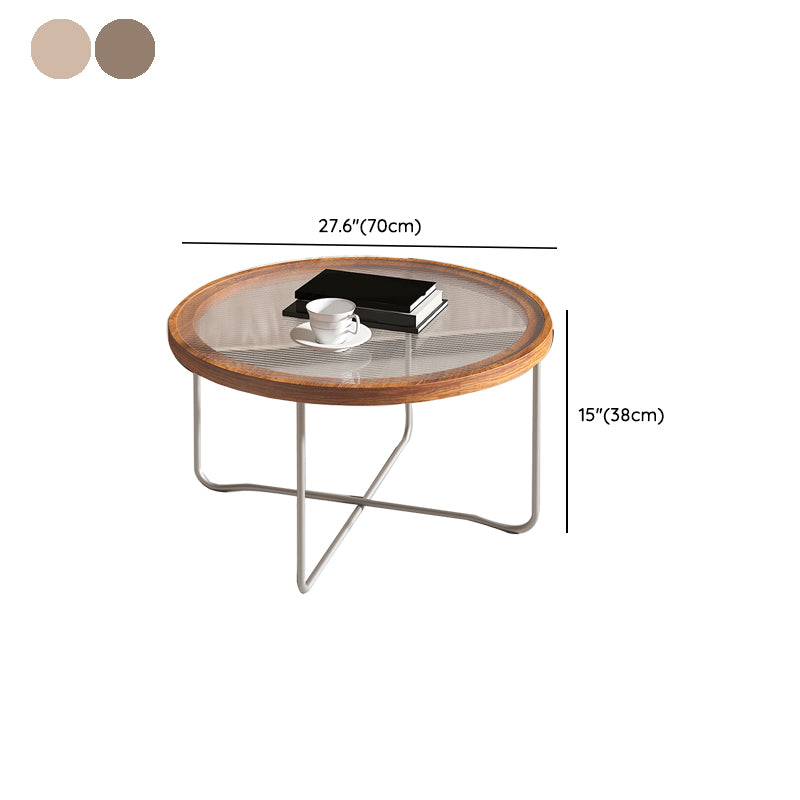 Round Glass Top Coffee Table Set Frame Cocktail Table with Wood Accent