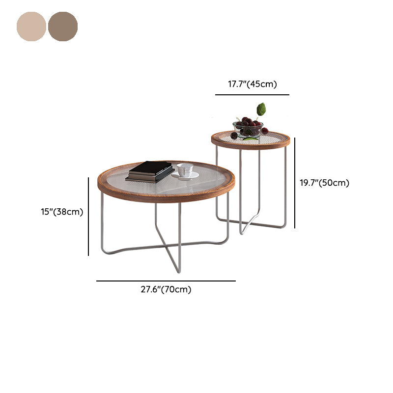 Round Glass Top Coffee Table Set Frame Cocktail Table with Wood Accent