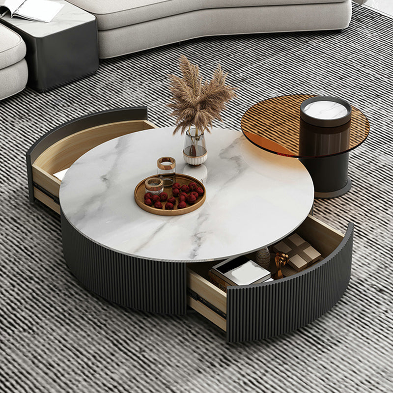 Slate Top Coffee Table Set Drum Cocktail Table with 2 Drawers