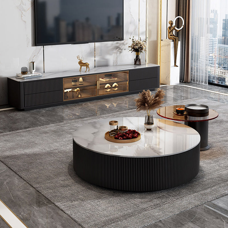 Slate Top Coffee Table Set Drum Cocktail Table with 2 Drawers
