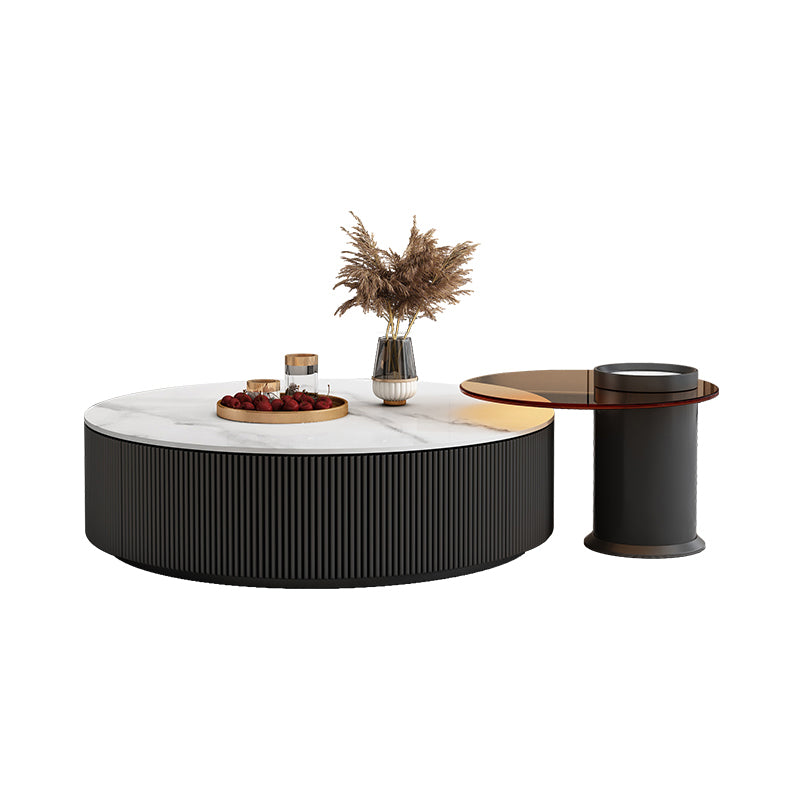 Slate Top Coffee Table Set Drum Cocktail Table with 2 Drawers
