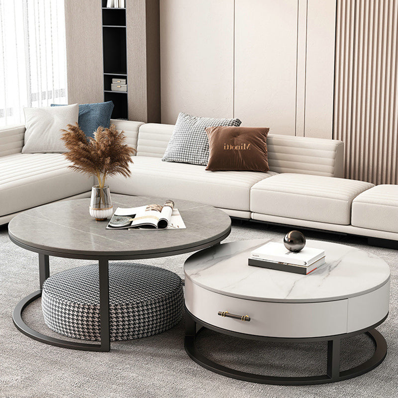 Slate Top Coffee Table Set Round Frame Cocktail Table with Drawers