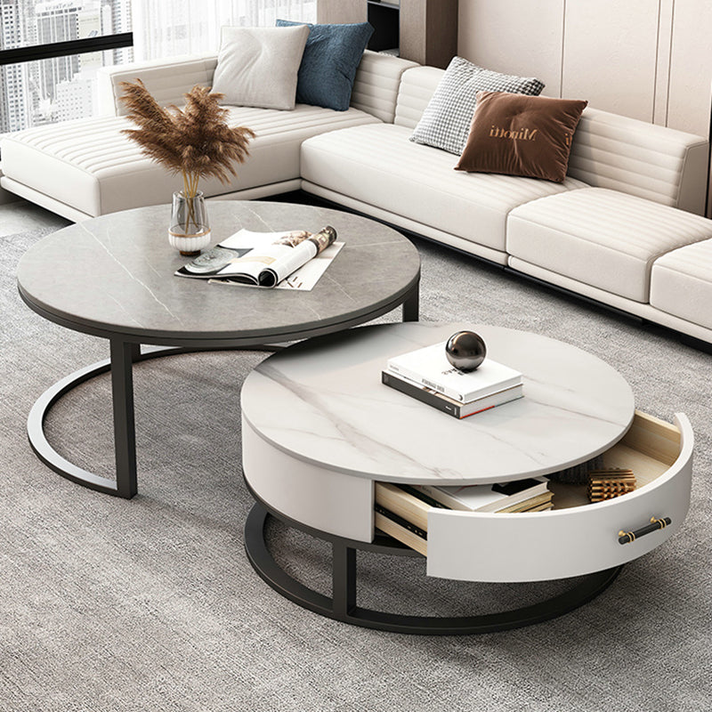 Slate Top Coffee Table Set Round Frame Cocktail Table with Drawers