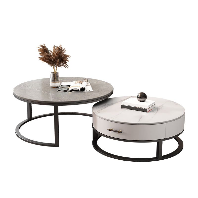 Slate Top Coffee Table Set Round Frame Cocktail Table with Drawers