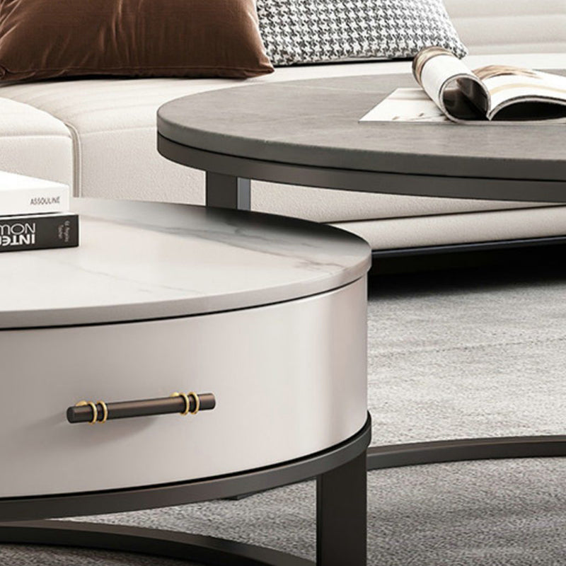 Slate Top Coffee Table Set Round Frame Cocktail Table with Drawers
