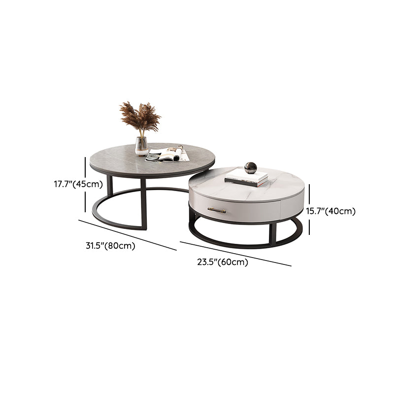 Slate Top Coffee Table Set Round Frame Cocktail Table with Drawers