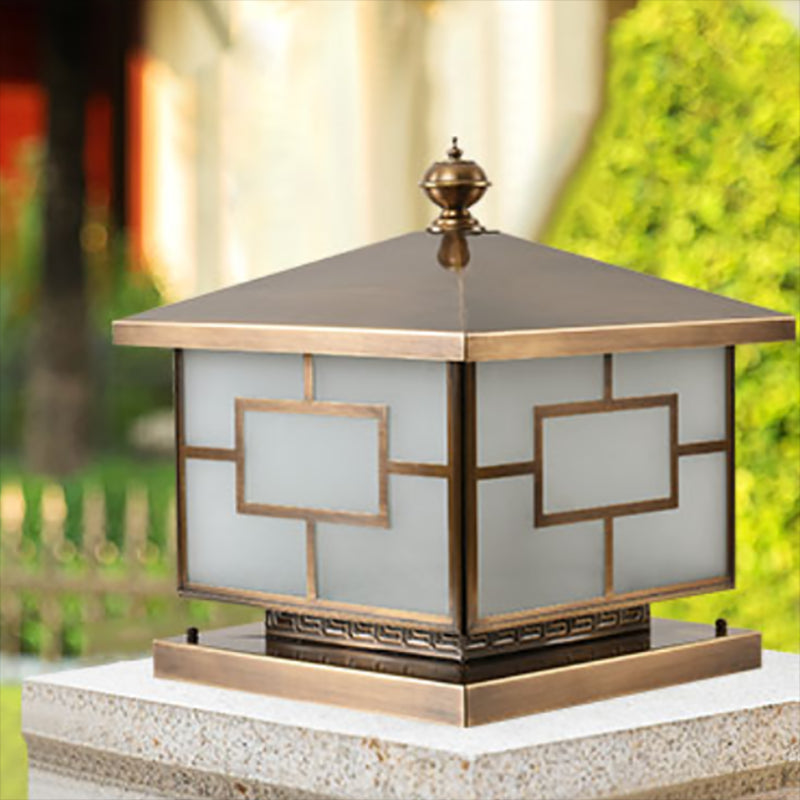 Square Shape Metal Pillar Lamp Modern Style Waterproof Outdoor Light in Bronze
