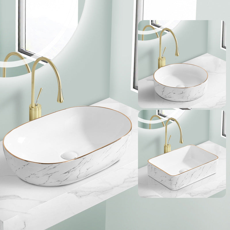 Contemporary Bathroom Sink with Pop-Up Drain Porcelain Oval-Shape Vessel Bathroom Sink