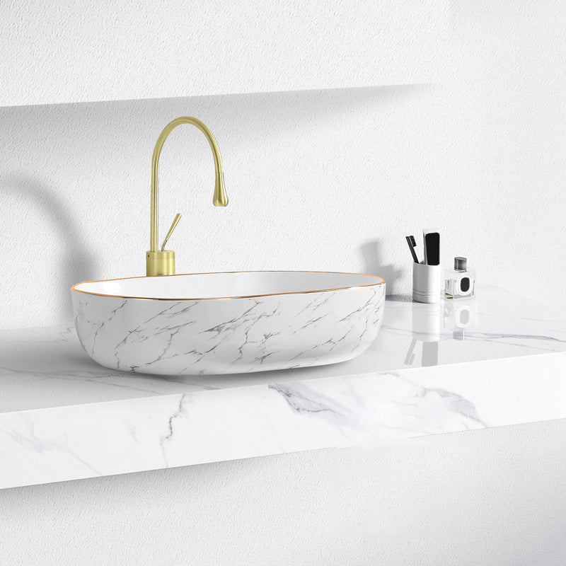 Contemporary Bathroom Sink with Pop-Up Drain Porcelain Oval-Shape Vessel Bathroom Sink