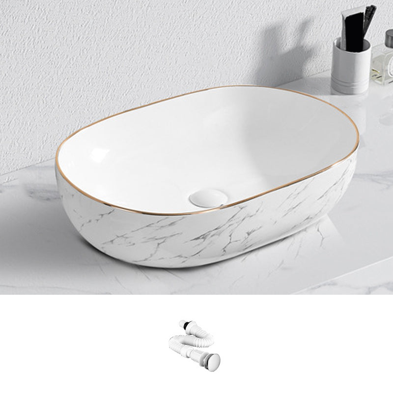 Contemporary Bathroom Sink with Pop-Up Drain Porcelain Oval-Shape Vessel Bathroom Sink