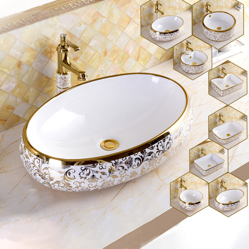 Traditional Vessel Sink Oval Porcelain with Pop-Up Drain and Faucet Vessel Lavatory Sink