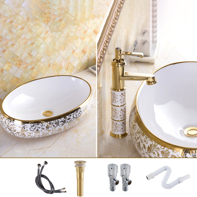 Traditional Vessel Sink Oval Porcelain with Pop-Up Drain and Faucet Vessel Lavatory Sink