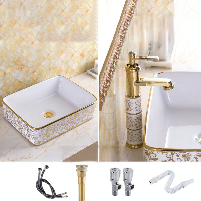 Traditional Vessel Sink Oval Porcelain with Pop-Up Drain and Faucet Vessel Lavatory Sink