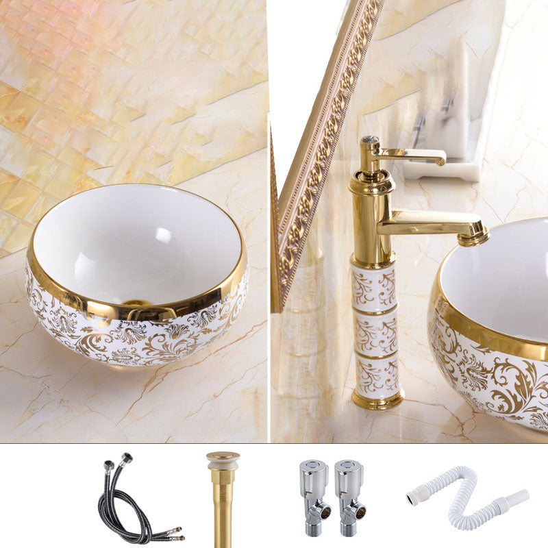 Traditional Vessel Sink Oval Porcelain with Pop-Up Drain and Faucet Vessel Lavatory Sink