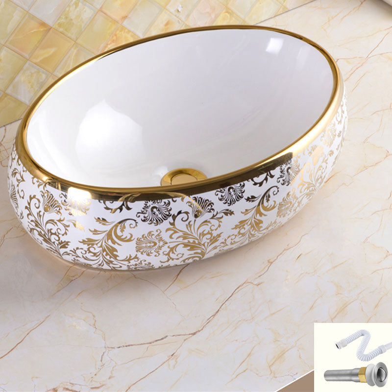 Traditional Vessel Sink Oval Porcelain with Pop-Up Drain and Faucet Vessel Lavatory Sink