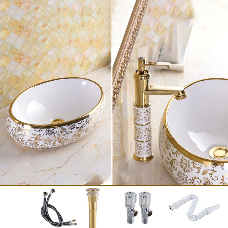Traditional Vessel Sink Oval Porcelain with Pop-Up Drain and Faucet Vessel Lavatory Sink
