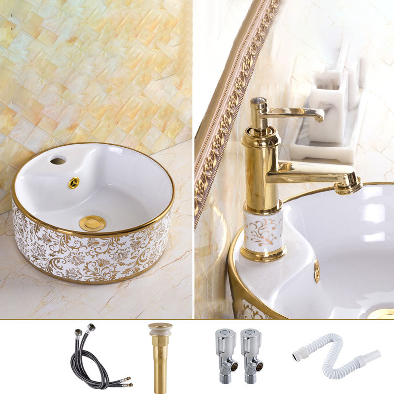 Traditional Vessel Sink Oval Porcelain with Pop-Up Drain and Faucet Vessel Lavatory Sink