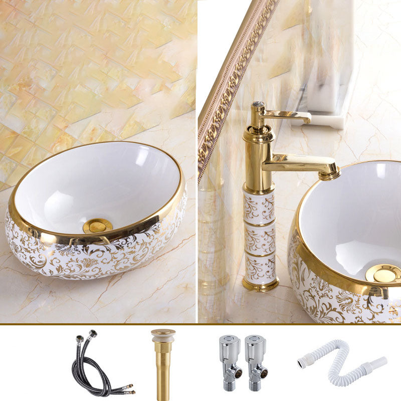 Traditional Vessel Sink Oval Porcelain with Pop-Up Drain and Faucet Vessel Lavatory Sink
