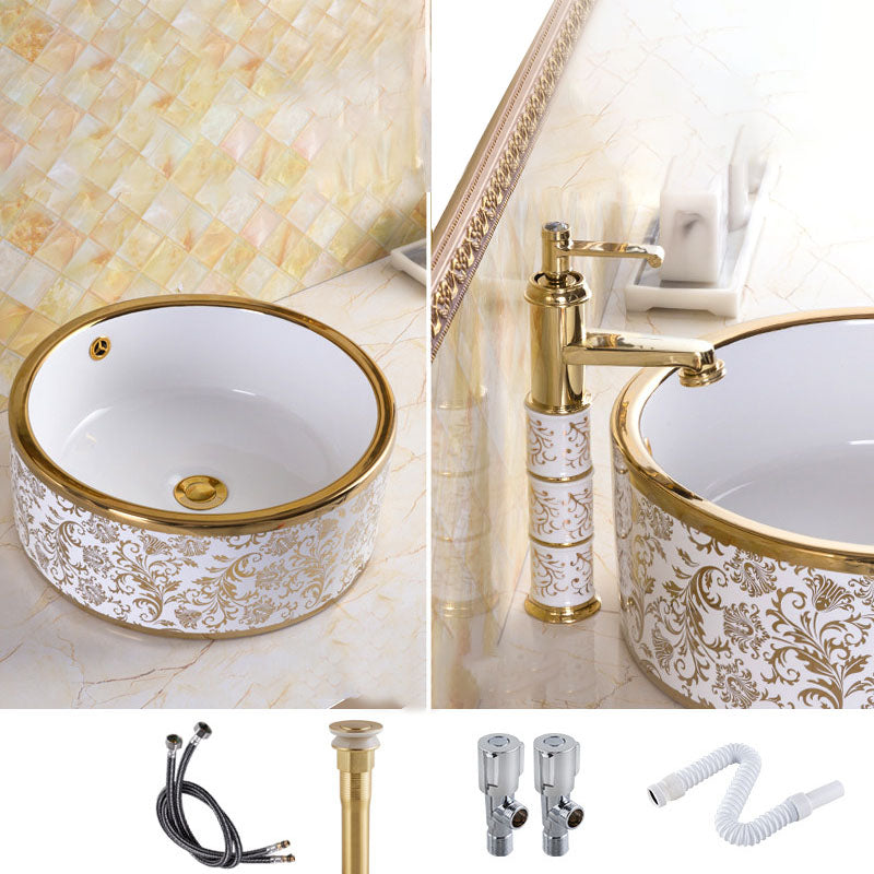 Traditional Vessel Sink Oval Porcelain with Pop-Up Drain and Faucet Vessel Lavatory Sink
