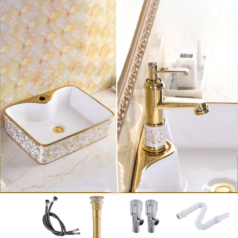 Traditional Vessel Sink Oval Porcelain with Pop-Up Drain and Faucet Vessel Lavatory Sink