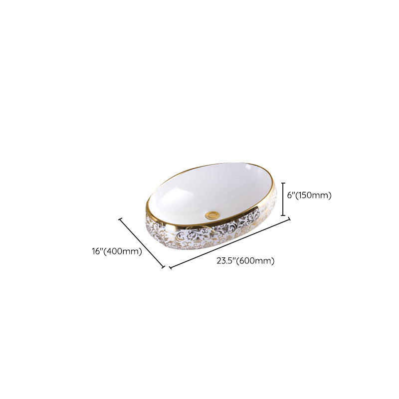 Traditional Vessel Sink Oval Porcelain with Pop-Up Drain and Faucet Vessel Lavatory Sink