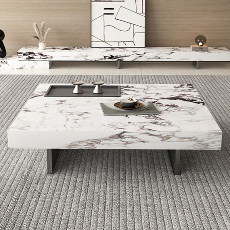 Glam Square Slate Coffee Table Stainless Steel Sled Cocktail Table