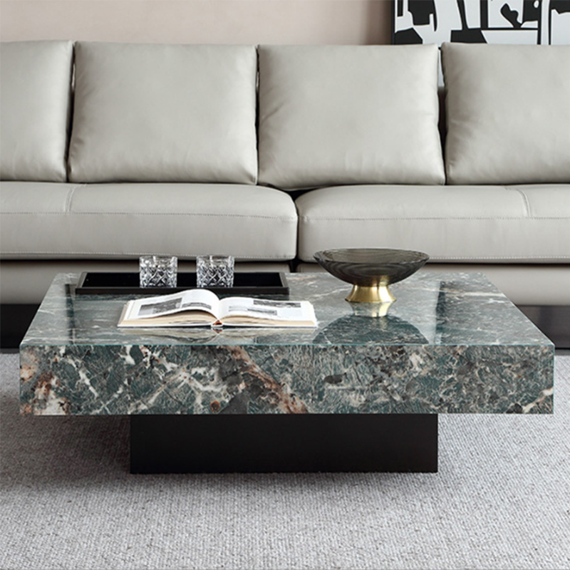 Glam Square Slate Coffee Table Stainless Steel Sled Cocktail Table