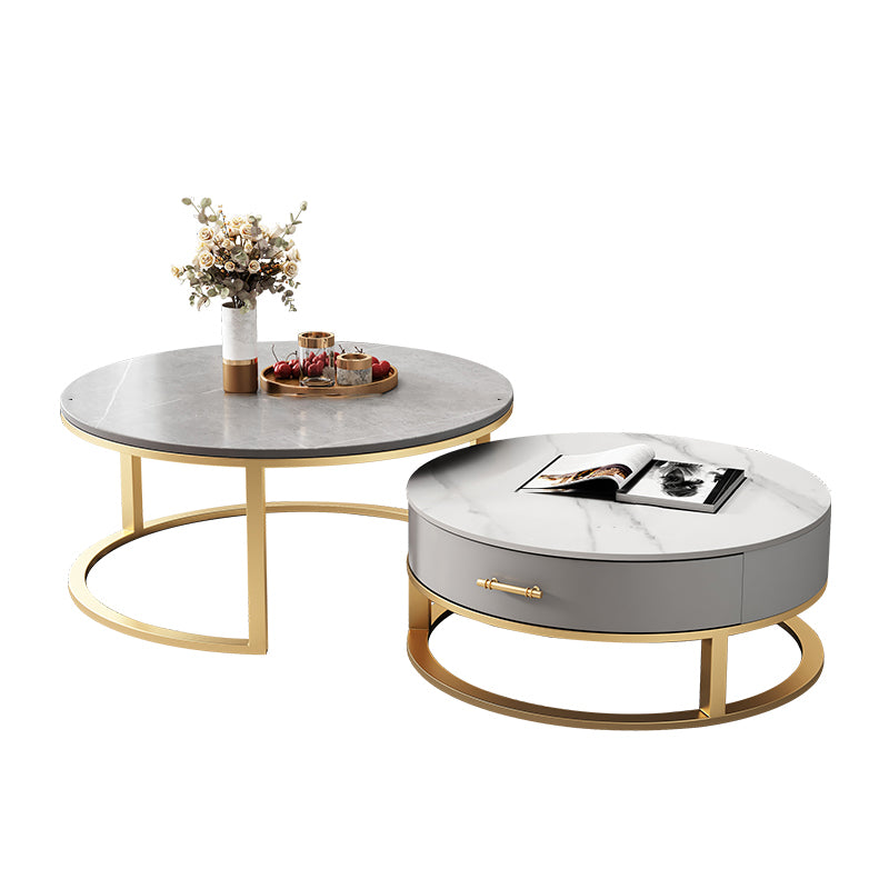 Slate Top Coffee Table Set Round Frame Cocktail Table with Storage Drawers