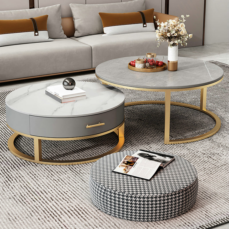 Slate Top Coffee Table Set Round Frame Cocktail Table with Storage Drawers