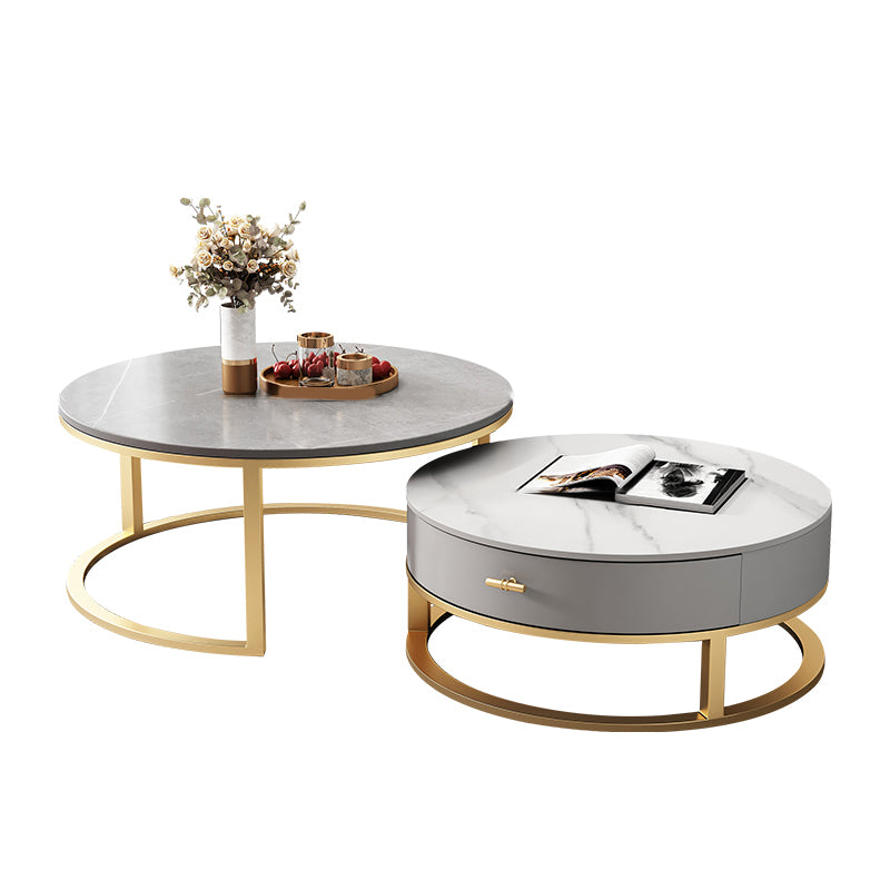 Slate Top Coffee Table Set Round Frame Cocktail Table with Storage Drawers