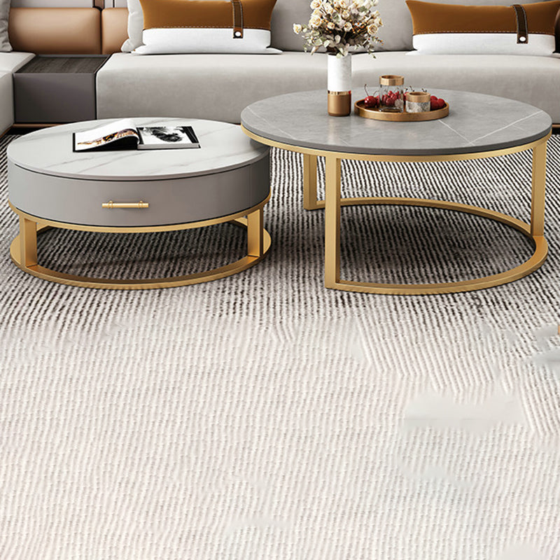 Slate Top Coffee Table Set Round Frame Cocktail Table with Storage Drawers