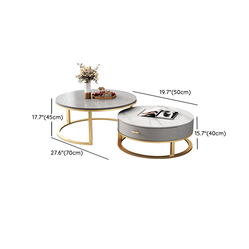 Slate Top Coffee Table Set Round Frame Cocktail Table with Storage Drawers