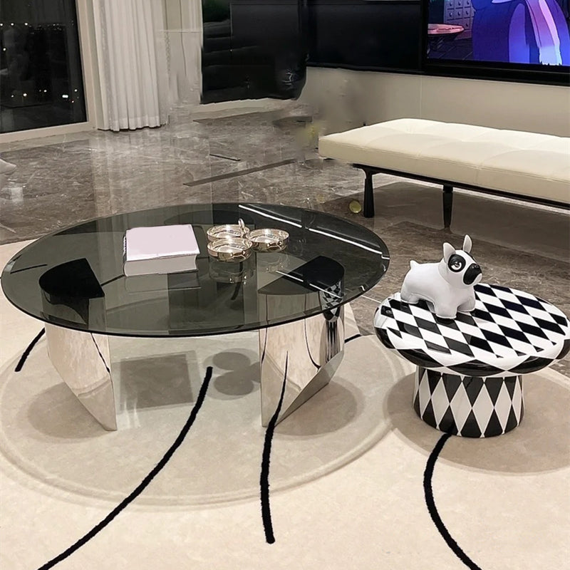 Black Glass Top Coffee Table Modern Round 3 Legs  Cocktail Table