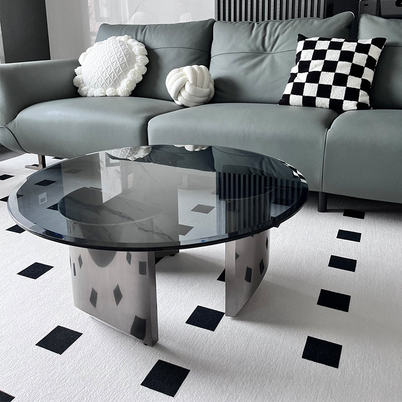 Black Glass Top Coffee Table Modern Round 3 Legs  Cocktail Table