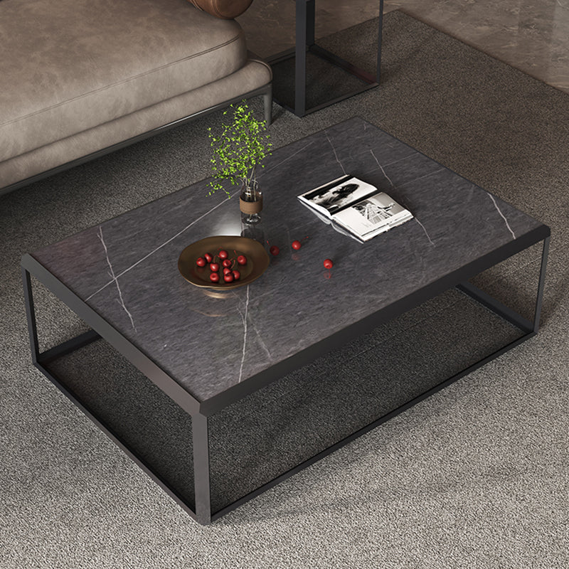 Geometric Slate & Glass Coffee Table Modern Simple Cocktail Table with Floor Shelf