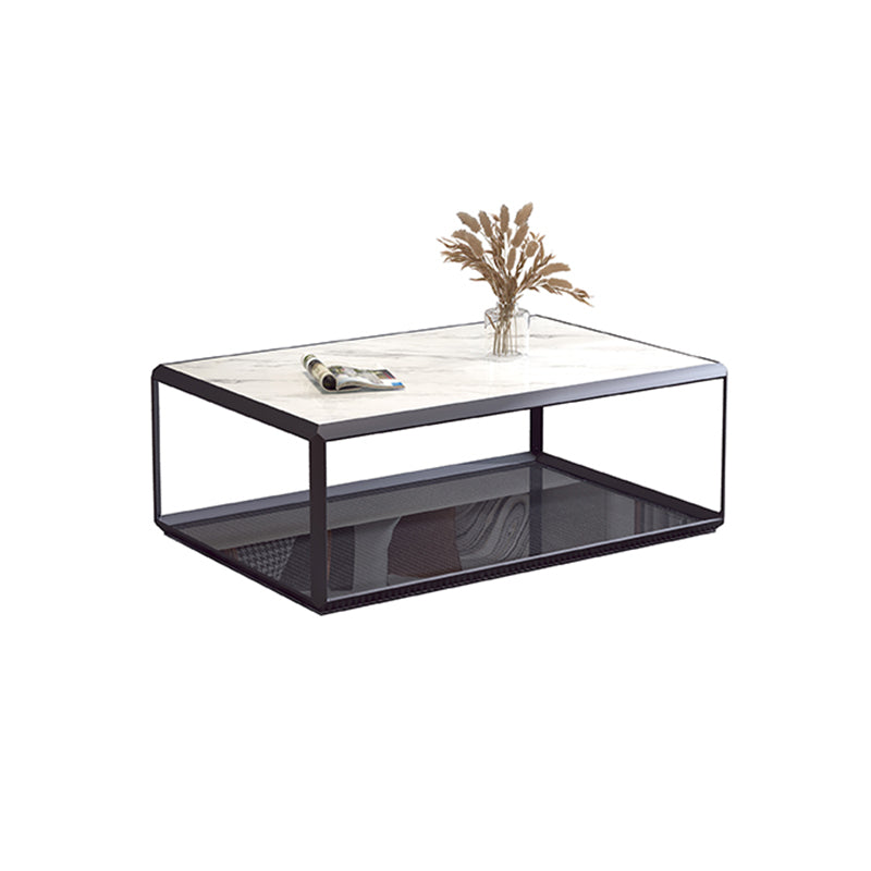 Geometric Slate & Glass Coffee Table Modern Simple Cocktail Table with Floor Shelf