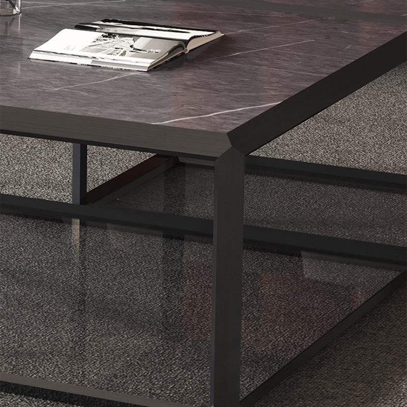 Geometric Slate & Glass Coffee Table Modern Simple Cocktail Table with Floor Shelf
