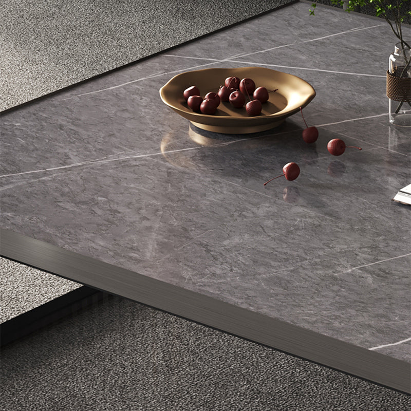Geometric Slate & Glass Coffee Table Modern Simple Cocktail Table with Floor Shelf