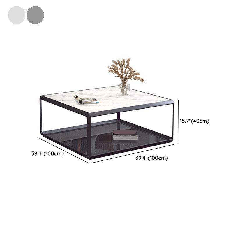 Geometric Slate & Glass Coffee Table Modern Simple Cocktail Table with Floor Shelf