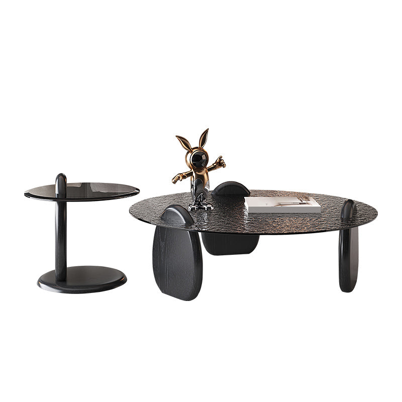 Glass Top Coffee Table Black Modern Round 3 Legs  Cocktail Table